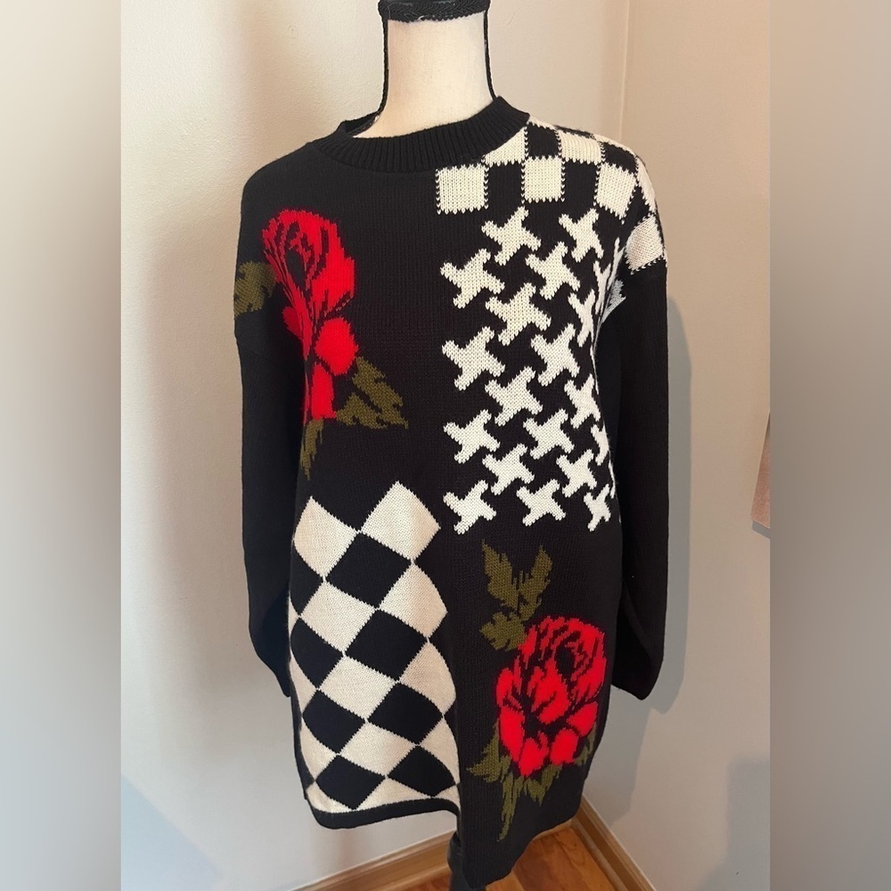 VINTAGE MARGO’S CHECKER ROSE JUMPER KNIT OVERSIZE SWEATER SIZE MEDIUM - Picture 4 of 8